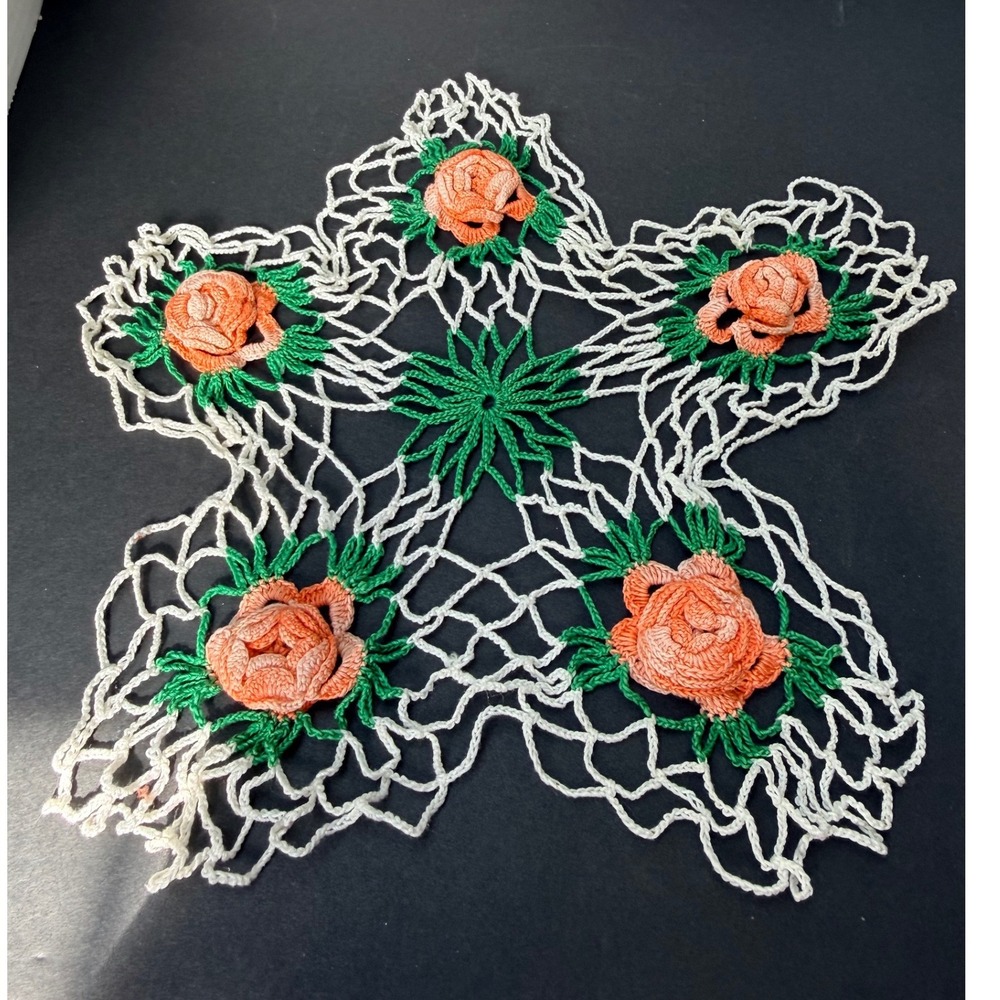 Vintage Handmade Crochet Star Doily 3D Peach Cabbage Rose Green White 13‎ Inch